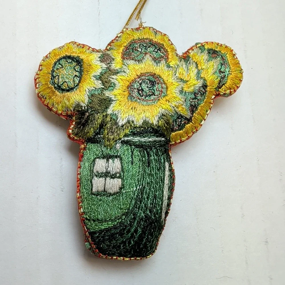 Set of 4 Embroidered Floral Ornaments Sunflower Daffodil Botanical Garden Decor